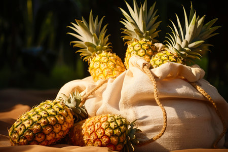 Pineapples in burlap bag after harvesting time. Close up shotの素材