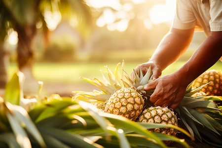 Close up shot of hand picking pineapple from grass fieldの素材