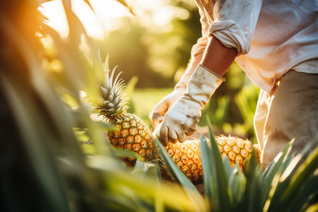 Man picking pineapples from orchard field. Close up shotの素材