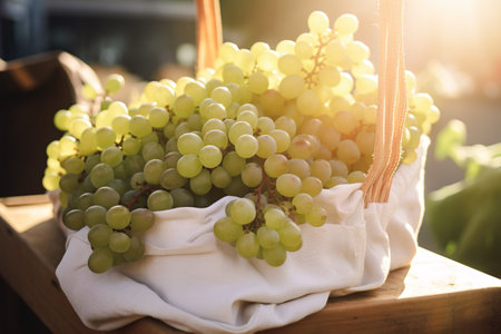 Green grapes in reusable bags. Close up shot outdoors as backgroundの素材