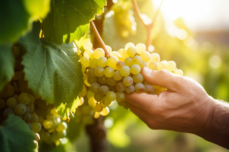 Hand harvesting green grapes. Close up shotの素材