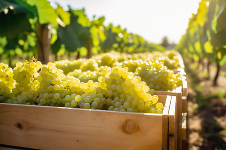 Wooden bin full of green grapes. Close up shot in vineyardの素材