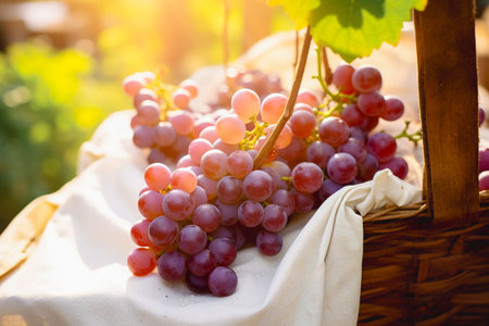 Harvesting grapes concept with red grapes in basket in orchard landscapeの素材