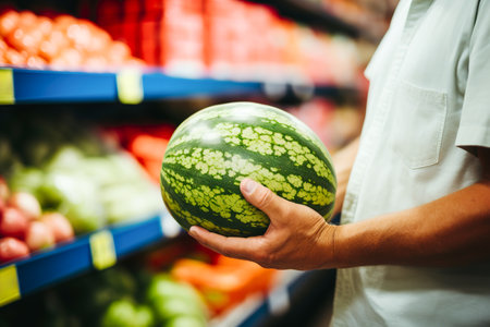 Costumer holding watermelon in supermarket. Close up shot, unrecognizable personの素材