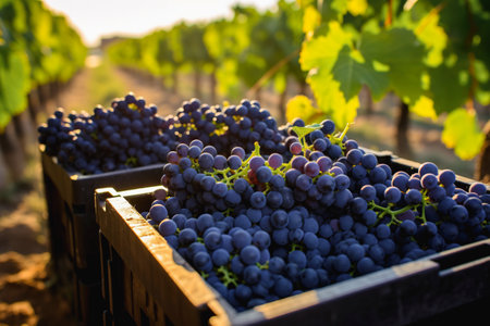 Close up shot of grapes on wooden box in vineyardの素材