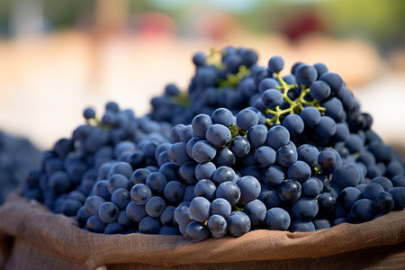 Close up shot of vintage season harvesting of grapes with close up shot to bag full of dark grapesの素材