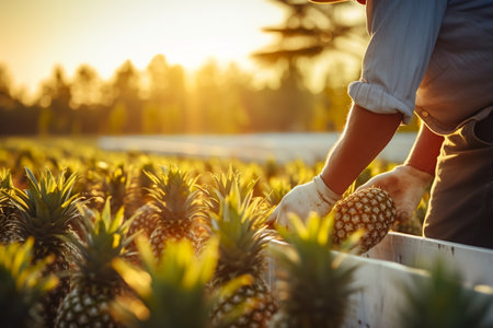 Unrecognizable person picking pineapples from orchard. Close up shotの素材