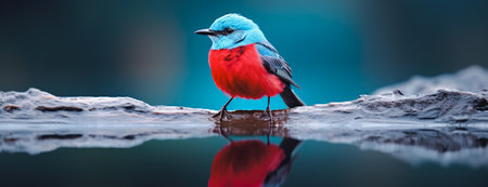 Panoramic shot of cute blue and red bird posing next to a puddle. Close up shotの素材