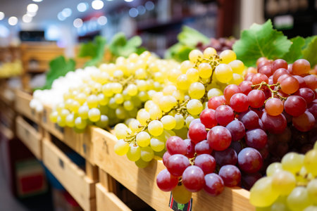 Green and red grapes close up shot stacked in supermarket aisleの素材