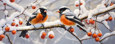 Two cute birds posing on tree branches under the snowの素材