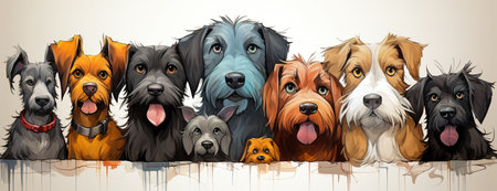 Cute panoramic painting of many dogs posing in line over light backgorundの素材