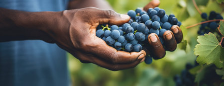 Close up shot of hands holding grapes after harvesting for vintage seasonの素材