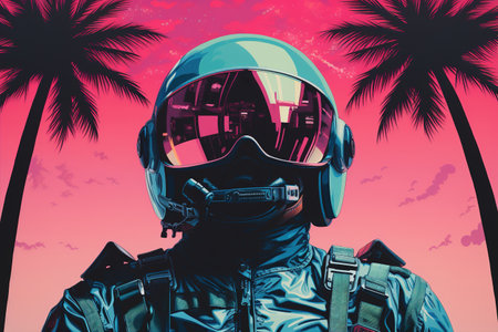 Modern banner of person wearing professional pilot outfit with pink sunset and palm trees as backgroundの素材