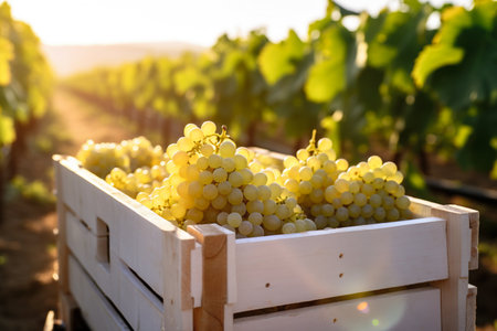 Close up shot of green grapes in wooden bin in vineyard.の素材