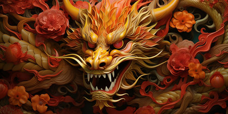 Red and yellow 3d illustration of traditional Chinese Dragon representing New Yearの素材