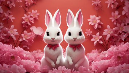 Adorable pair of rabbits surrounded by pink flowers. 3D cartoon illustrationの素材
