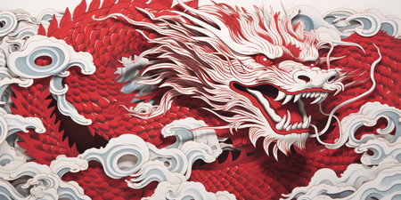 Traditional Chinese dragon illustration in white and red tonesの素材