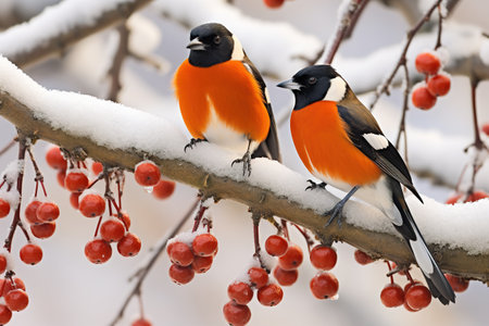 Two adorable birds posing on tree branch covered in snowの素材