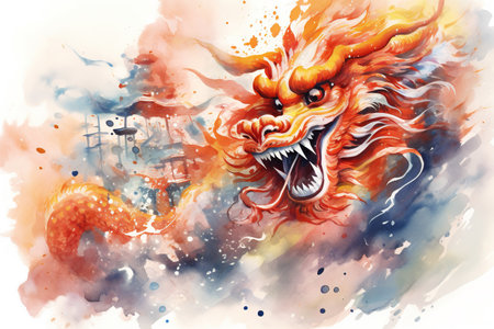 Watercolor style of traditional Chinese Dragon over white backgroundの素材