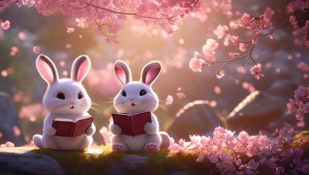 Adorable pair of white bunnies reading a book under cherry blossom trees. chinese new year conceptの素材
