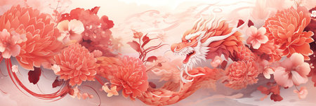 Panoramic illustration of traditional oriental Chinese red Dragon in soft tonesの素材