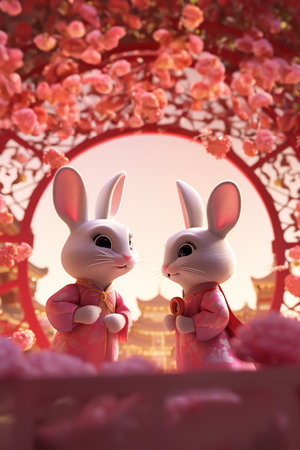 Cartoon style of two little bunnies surrounded by pink flowers. Vertical designの素材