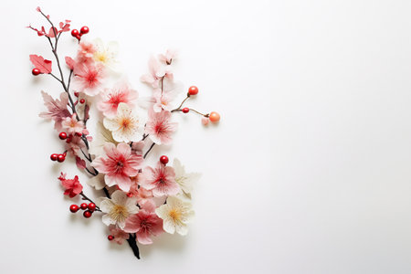 Fine bunch of cherry blossom branch over white background with copy spaceの素材