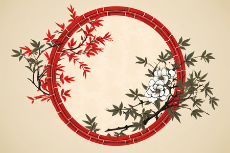 Circle frame in Chinese oriental style over beige background with copy spaceの素材