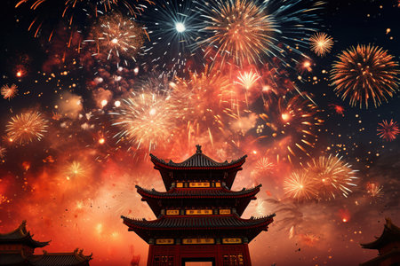 Chinese traditional temple under fireworks at night. Chinese New Year conceptの素材