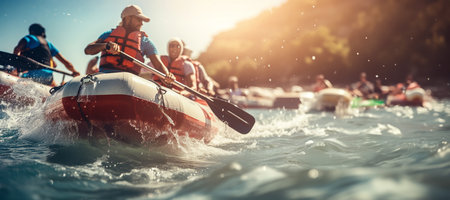 Group of adventurers practicing rafting in river. Low angle viewの素材