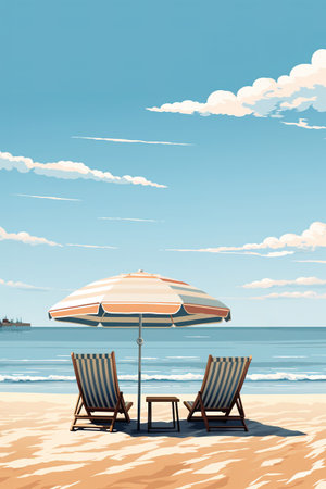 Two beach chairs under umbrella on sunny beach day. Vertical illustration minimal designの素材