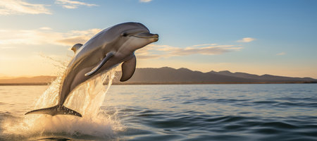 Adorable dolphin jumping in calm waters of ocean with sunset view as backgroundの素材
