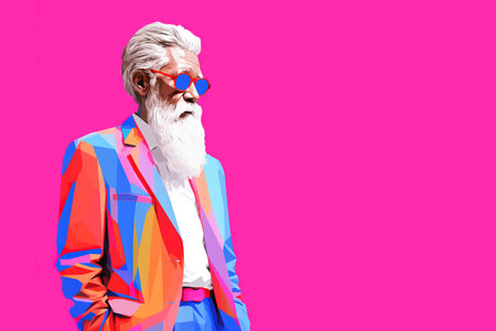 Vibrant colors pop art style illustration with mature man figure over fuchsia background with copy spaceの素材