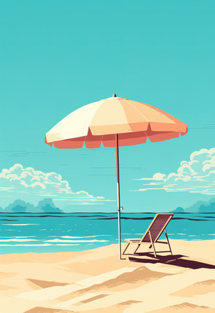 Modern illustration minimalist design of beach chair with umbrella by the beach. Vertical designの素材