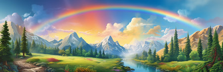 Colorful fantasy nature landscape with snowy peak mountains over green gills with big rainbow and streamの素材