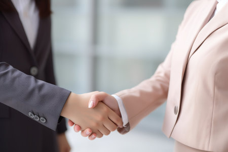 Close up shot of female businesswomen shaking hands after closed dealの素材