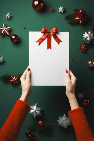 Female hands holding big Christmas card in blank for copy space. Shot against Christmas decorationの素材