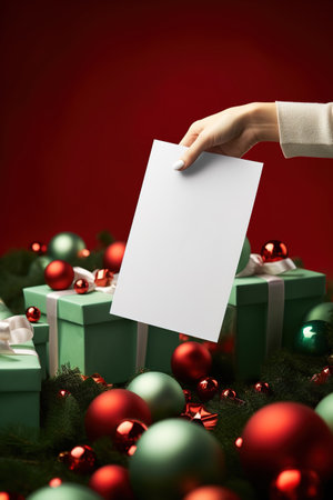 Hand bringing paper down towards Christmas gift boxes and decor. vertical shotの素材