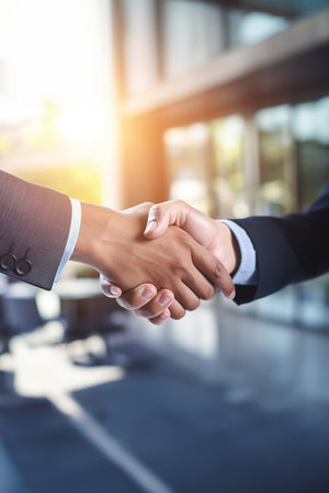 Close up of two business people hand shake after deal. vertical shotの素材