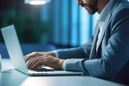 Unrecognizable man working with a laptop on the office des. Motivational business conceptの素材