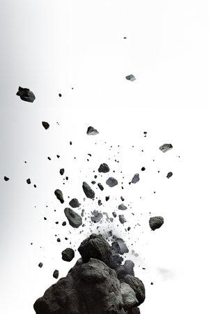 Meteorite, black rock exploding over white backgroundの素材
