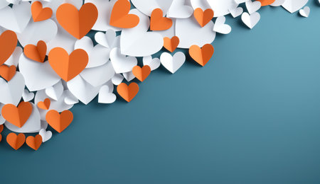 Papercut heart shapes in white and orange over blue background with copy space. Valentines Day's conceptの素材