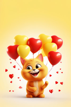 Yellow cat character smiles happily with balloons on Valentine's Day. Vertical illustration over yellow backgroundの素材
