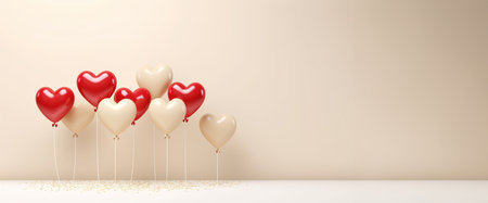 Many balloons with heart shapes red and beige tones over light background with copy spaceの素材