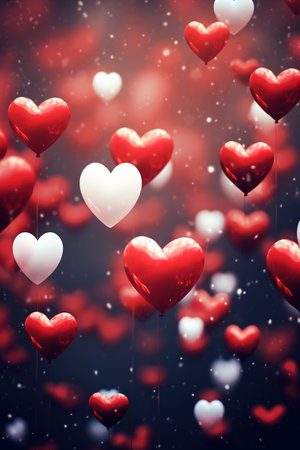 3D red and white hearts flying on blurry background. Vertical designの素材
