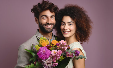 Happy Latin American couple posing with bouquet of flowers for Valentine's Day. Studio shot backgroundの素材