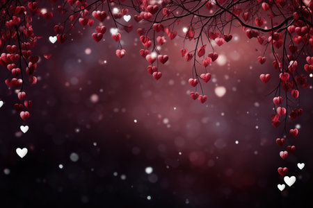 Valentine's conceptual tree branches with heart shape leaves hanging down over bokeh effect dark red background with copy spaceの素材