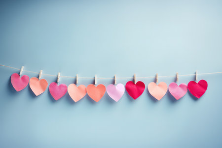 Valentine heart shape tiny fabrics on string over blue background. Minimalist style bannerの素材