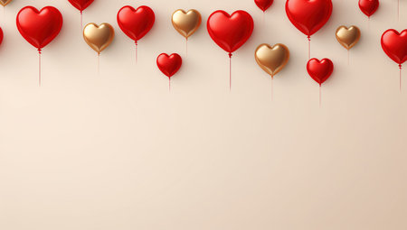 Gold and red heart balloons hanging on beige light background with copy space for Valentine's Day conceptの素材