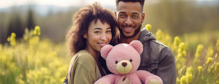 Outdoors multiethnic couple, woman holding a big teddy bear, gift from her boyfriend for Valentine's Dayの素材
